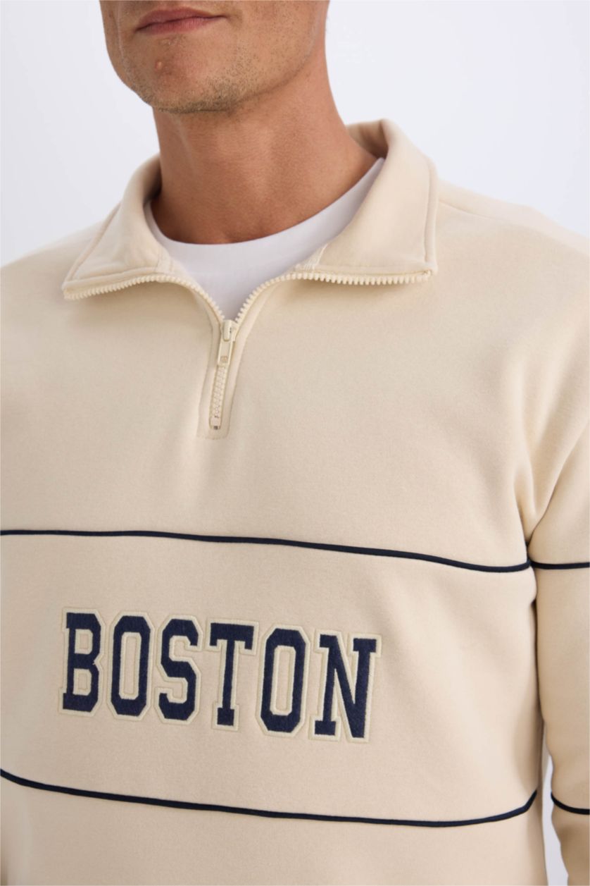 Erkek Açık Taş Relax Fit Dik Yaka Fermuarlı Baskılı Kalın Sweatshirt