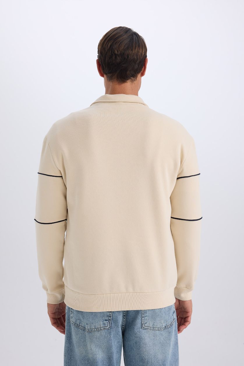 Erkek Açık Taş Relax Fit Dik Yaka Fermuarlı Baskılı Kalın Sweatshirt