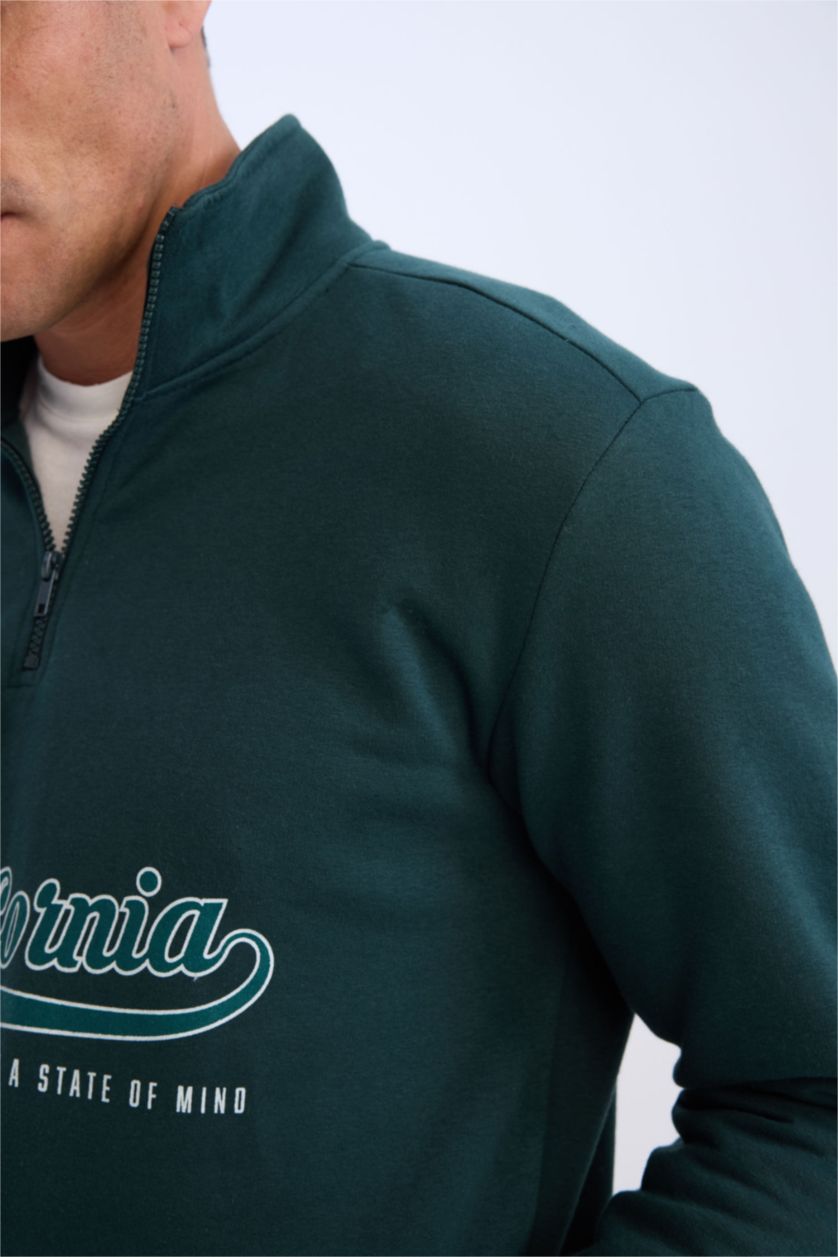Erkek Koyu Yeşil Relax Fit Dik Yaka Fermuarlı Baskılı Kalın Sweatshirt
