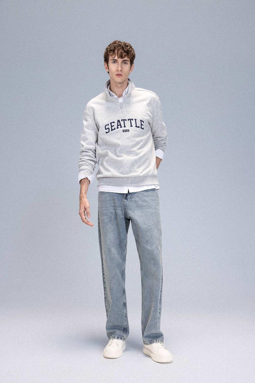 Erkek Gri Melanj Relax Fit Fermuarlı Dik Yaka Baskılı Kalın Sweatshirt