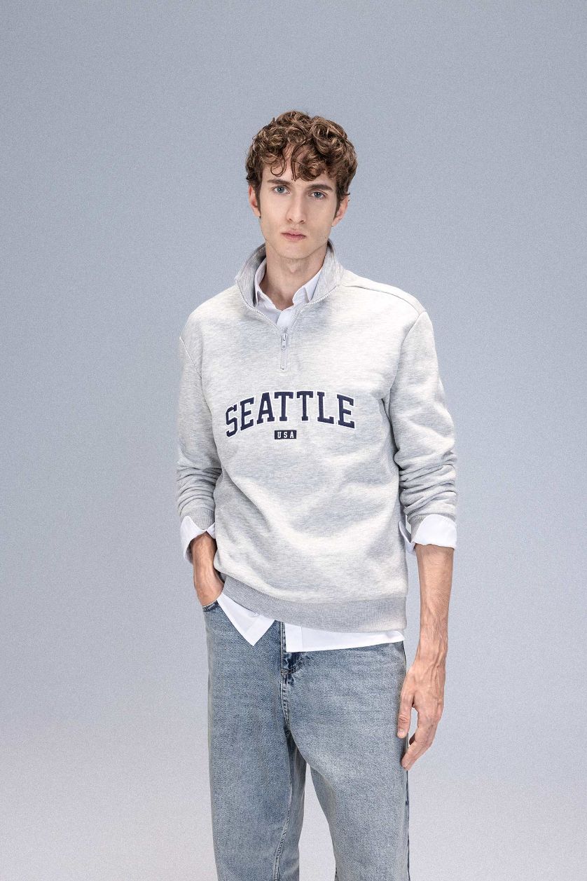 Erkek Gri Melanj Relax Fit Fermuarlı Dik Yaka Baskılı Kalın Sweatshirt