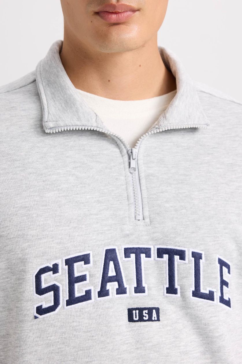 Erkek Gri Melanj Relax Fit Fermuarlı Dik Yaka Baskılı Kalın Sweatshirt