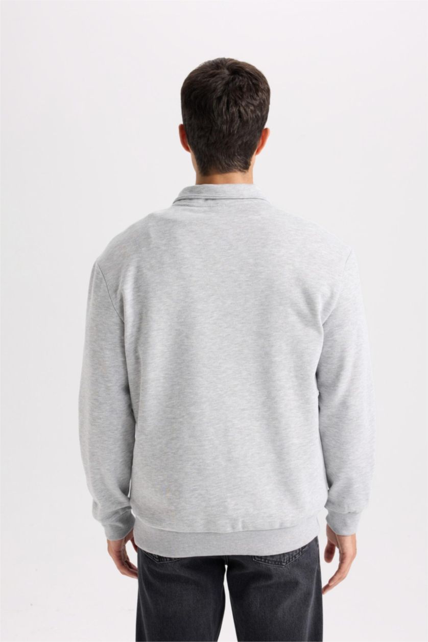 Erkek Gri Melanj Relax Fit Fermuarlı Dik Yaka Baskılı Kalın Sweatshirt