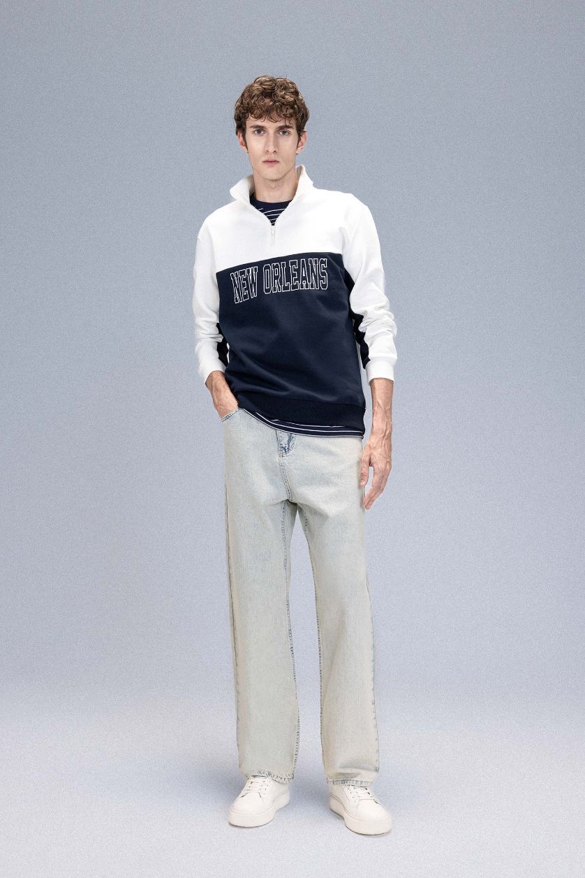 Erkek Ekru Relax Fit Dik Yaka Yarım Fermuarlı Baskılı Kalın Sweatshirt