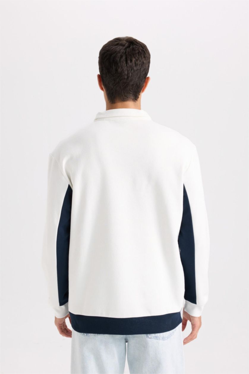 Erkek Ekru Relax Fit Dik Yaka Yarım Fermuarlı Baskılı Kalın Sweatshirt