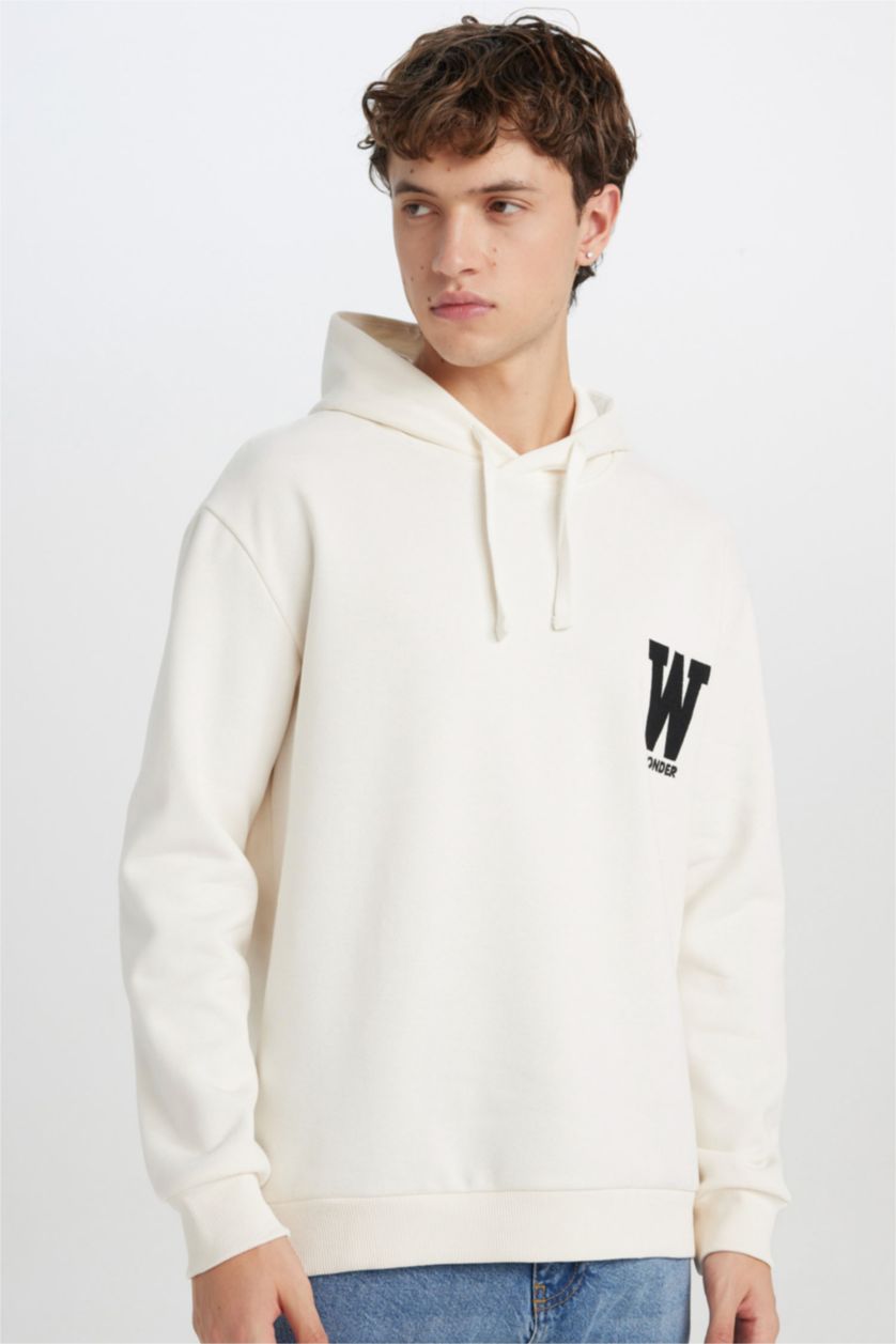 Erkek Ekru Relax Fit Kapüşonlu Baskılı Kalın Sweatshirt