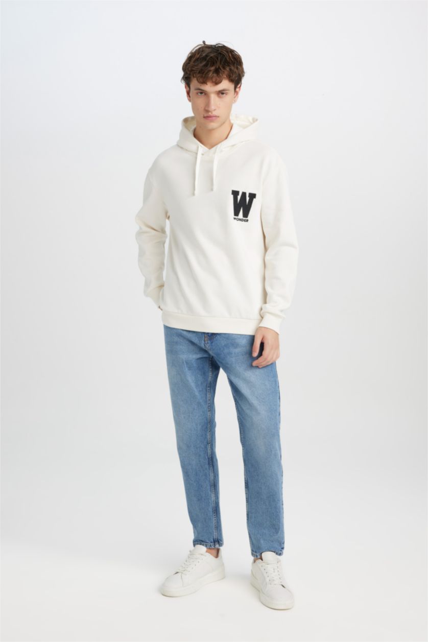 Erkek Ekru Relax Fit Kapüşonlu Baskılı Kalın Sweatshirt