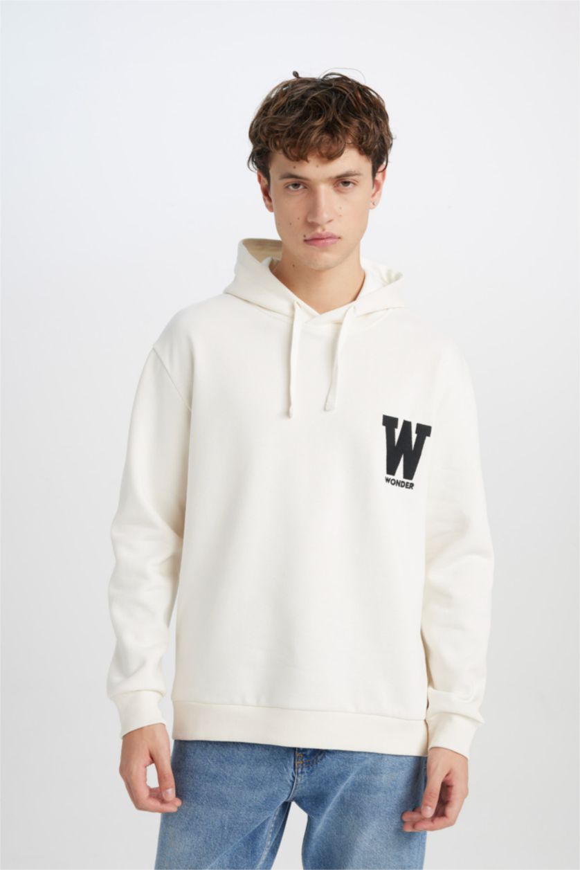 Erkek Ekru Relax Fit Kapüşonlu Baskılı Kalın Sweatshirt