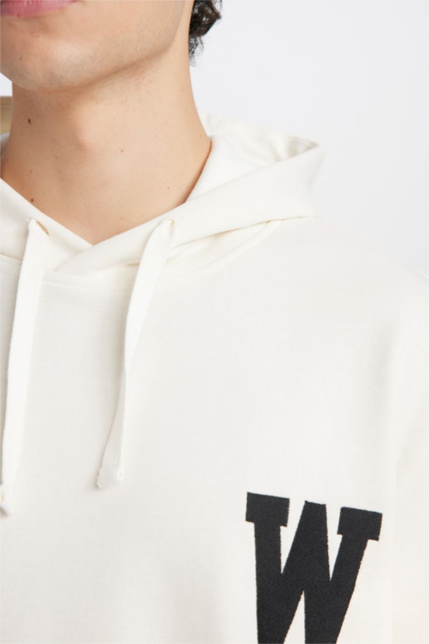 Erkek Ekru Relax Fit Kapüşonlu Baskılı Kalın Sweatshirt