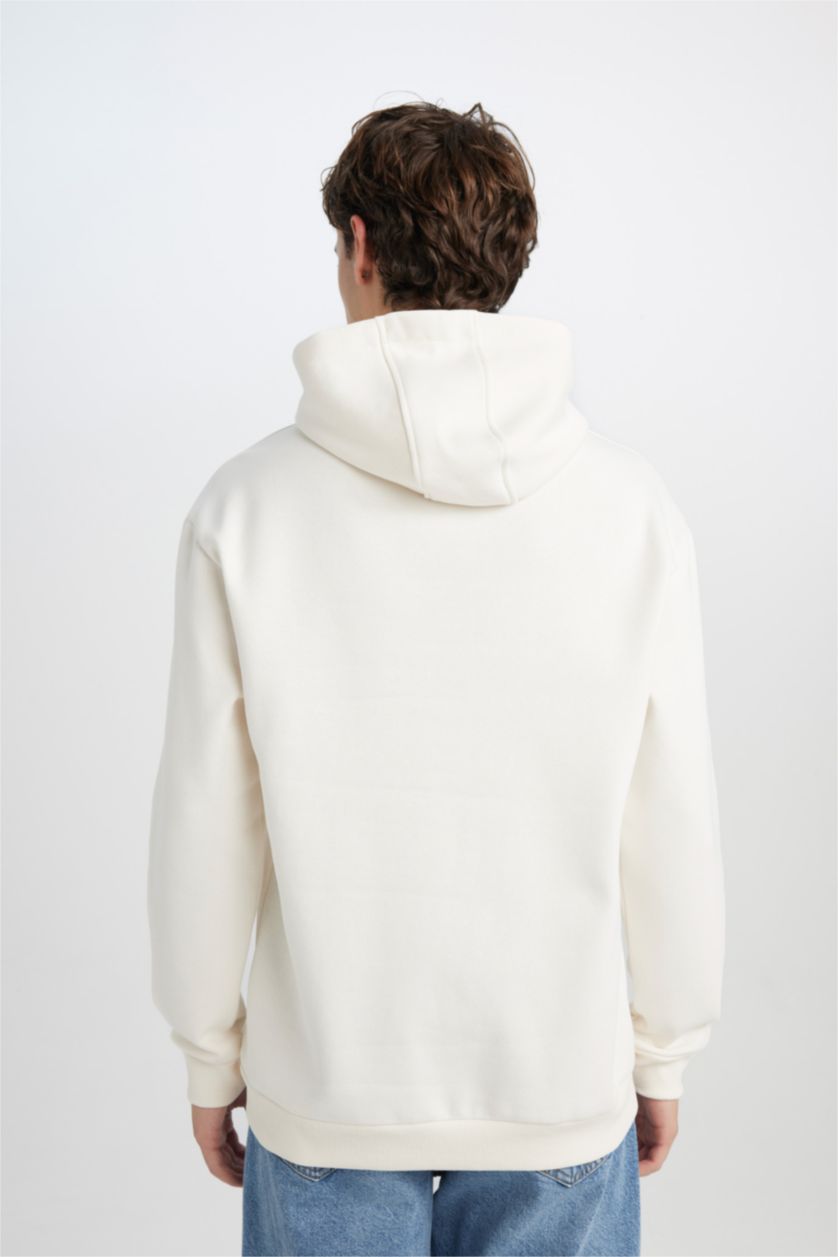 Erkek Ekru Relax Fit Kapüşonlu Baskılı Kalın Sweatshirt