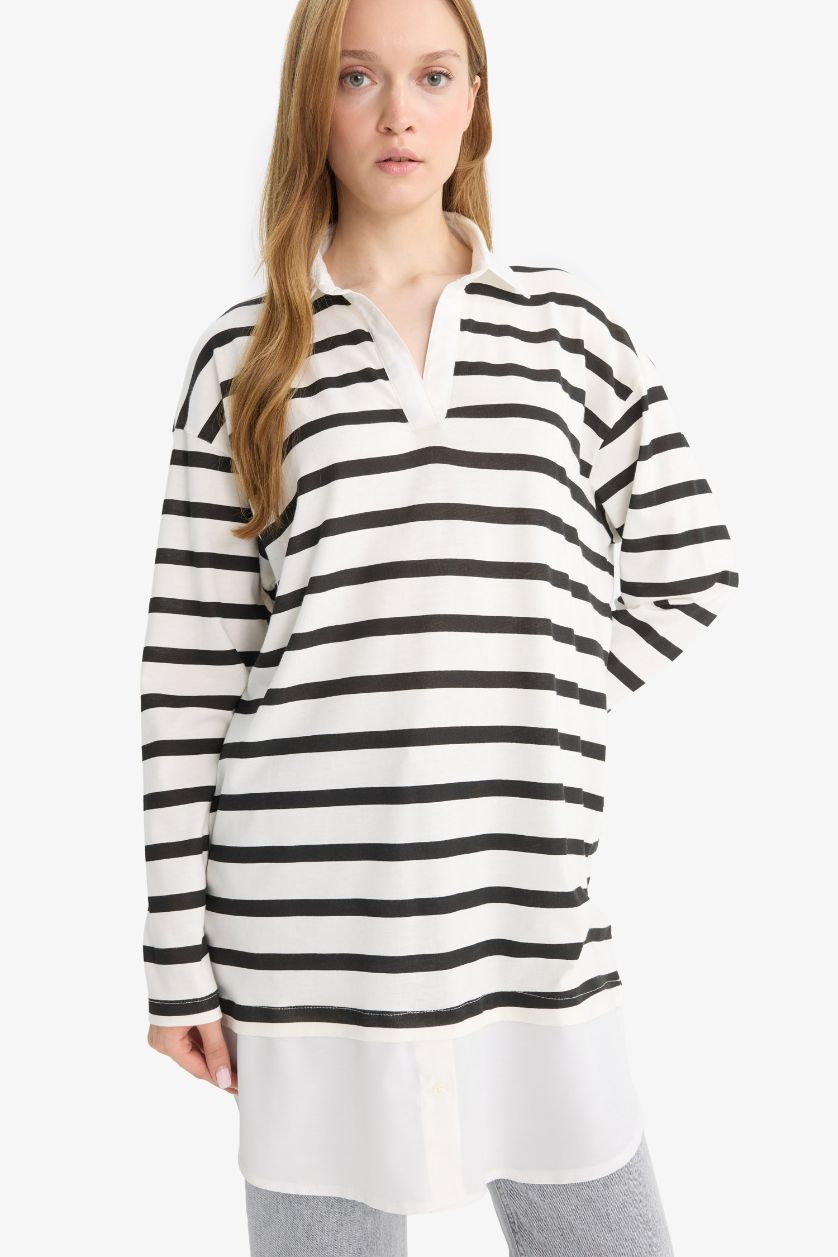 WOMAN Black Regular Fit Polo Collar Long Sleeve Tunic