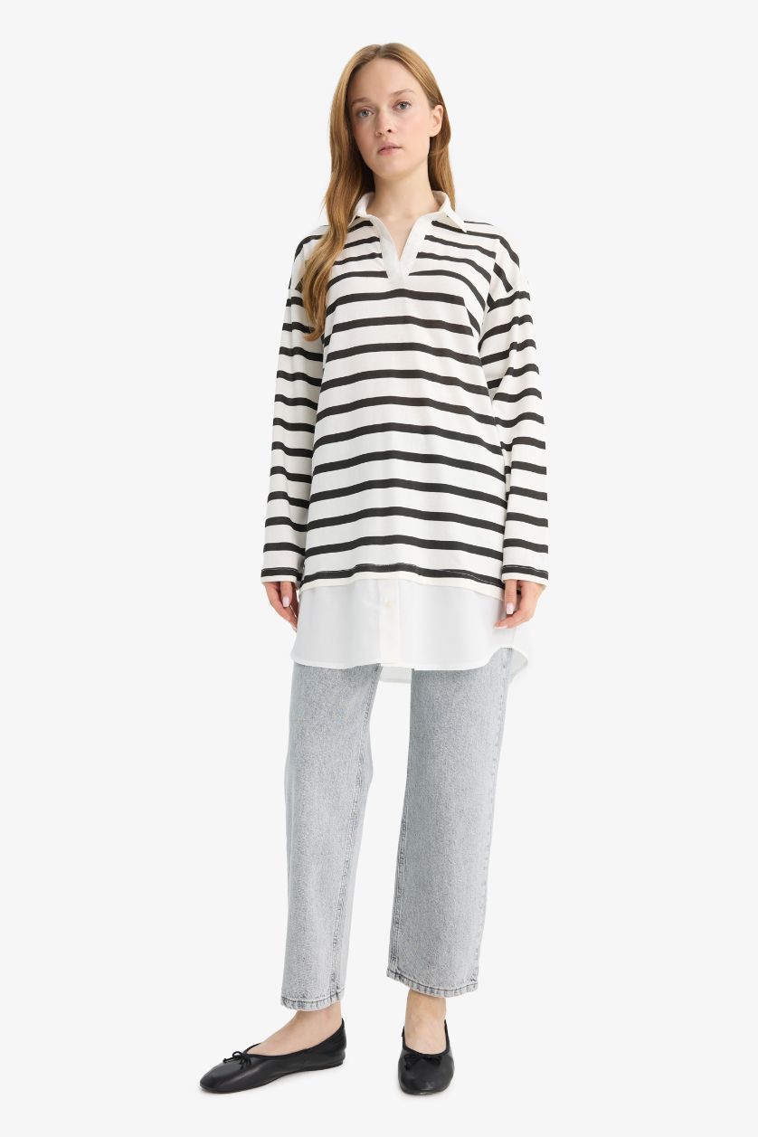 WOMAN Black Regular Fit Polo Collar Long Sleeve Tunic