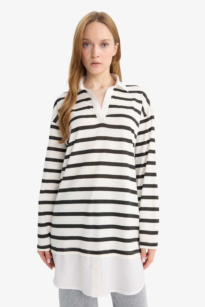 WOMAN Black Regular Fit Polo Collar Long Sleeve Tunic