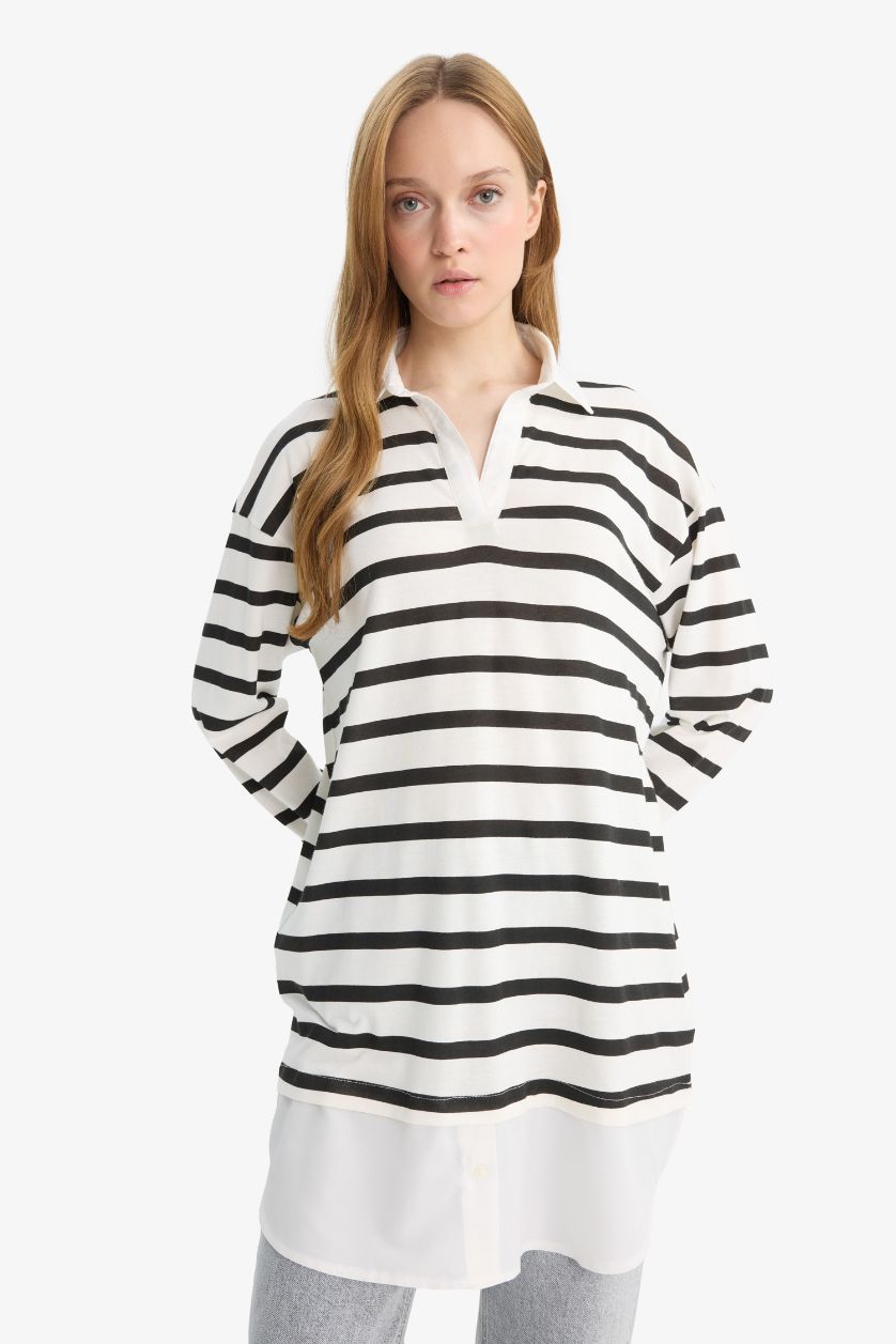 WOMAN Black Regular Fit Polo Collar Long Sleeve Tunic