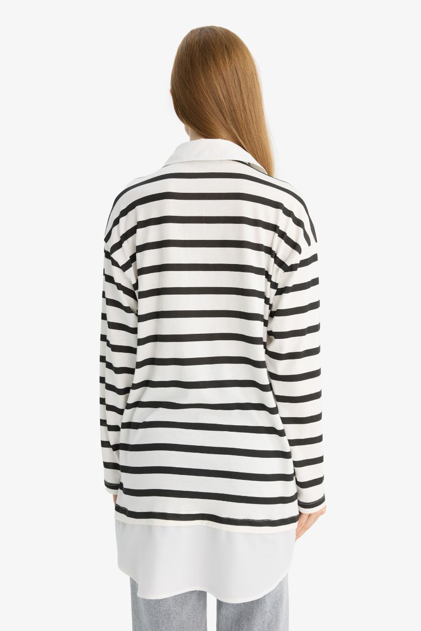 WOMAN Black Regular Fit Polo Collar Long Sleeve Tunic