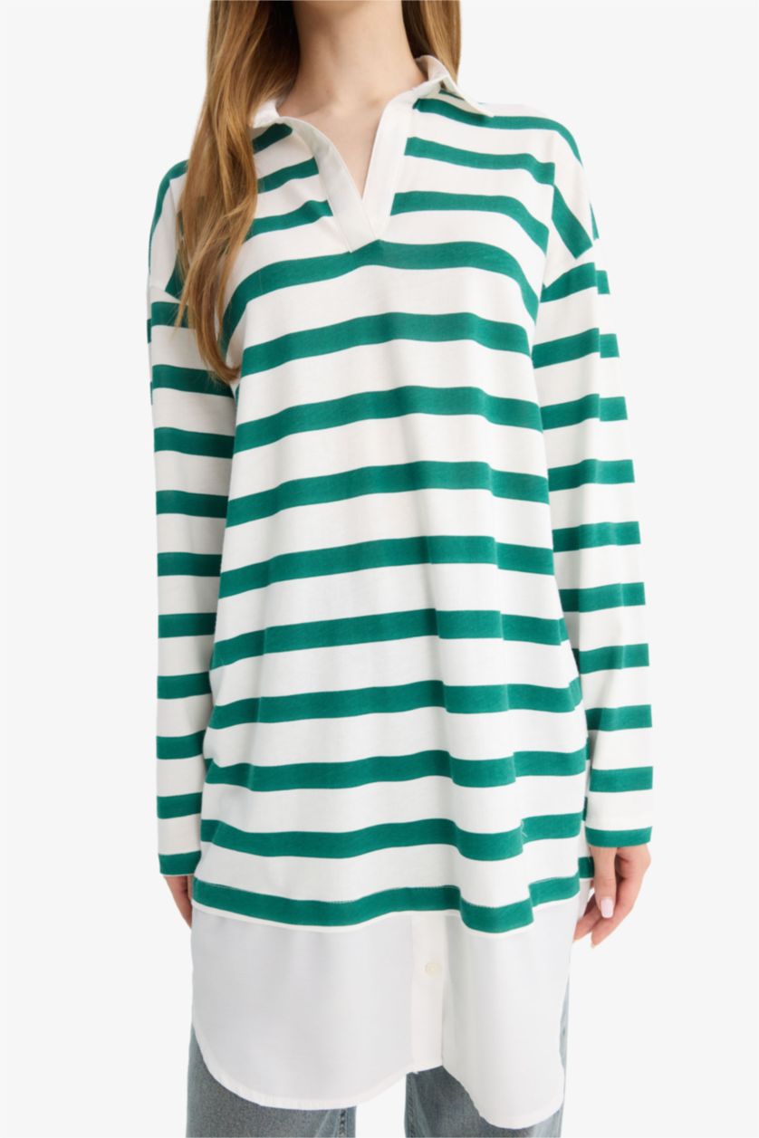 Kadın Yeşil Regular Fit Polo Yaka Çizgili Uzun Kollu Sweatshirt Tunik 