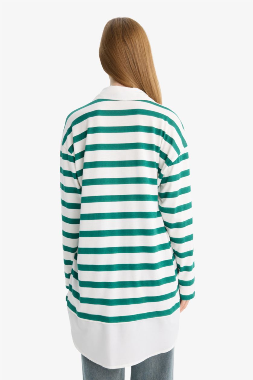 Kadın Yeşil Regular Fit Polo Yaka Çizgili Uzun Kollu Sweatshirt Tunik 