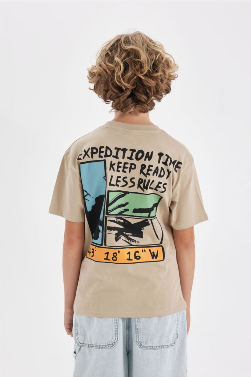 Erkek Çocuk - Genç Erkek Bej Bisiklet Yaka Baskılı Kısa Kollu Tişört Erkek Çocuk