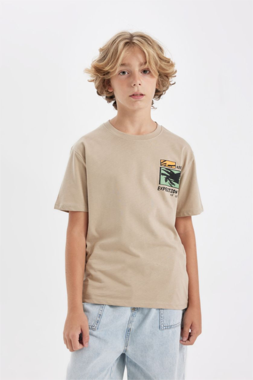 Erkek Çocuk - Genç Erkek Bej Bisiklet Yaka Baskılı Kısa Kollu Tişört Erkek Çocuk