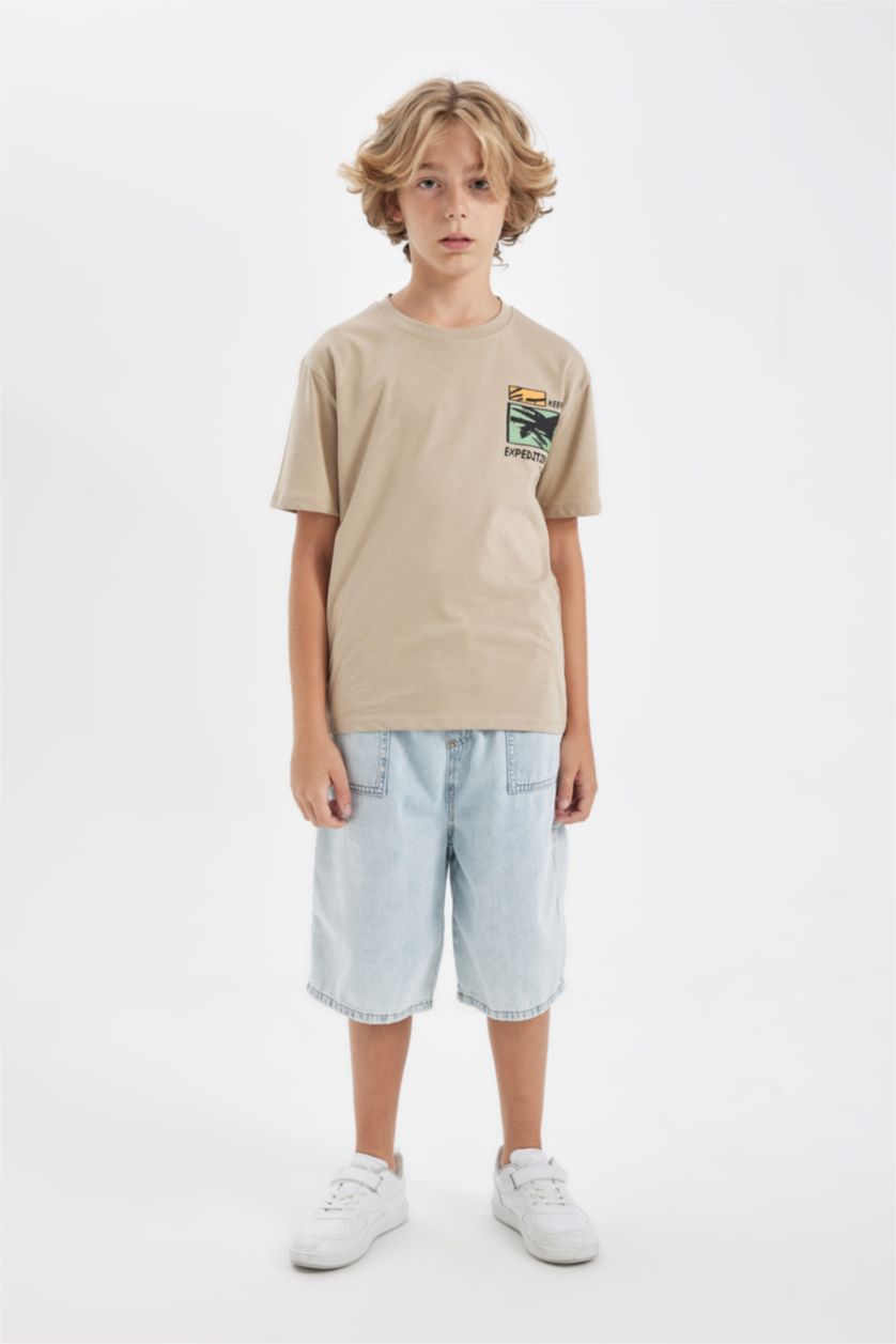 Erkek Çocuk - Genç Erkek Bej Bisiklet Yaka Baskılı Kısa Kollu Tişört Erkek Çocuk