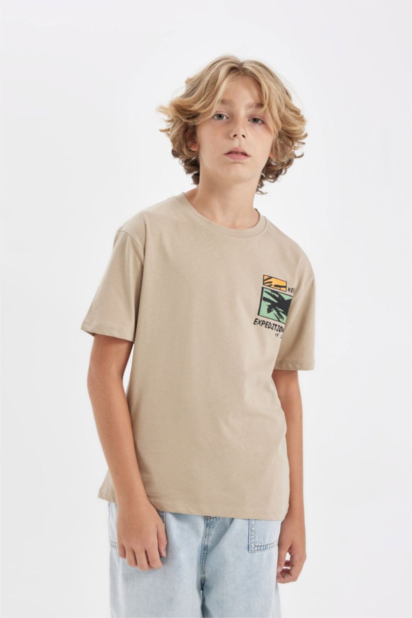 Erkek Çocuk - Genç Erkek Bej Bisiklet Yaka Baskılı Kısa Kollu Tişört Erkek Çocuk