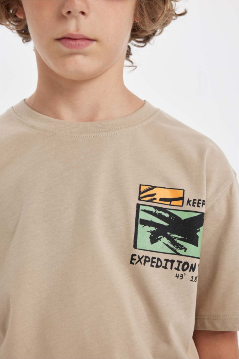 Erkek Çocuk - Genç Erkek Bej Bisiklet Yaka Baskılı Kısa Kollu Tişört Erkek Çocuk