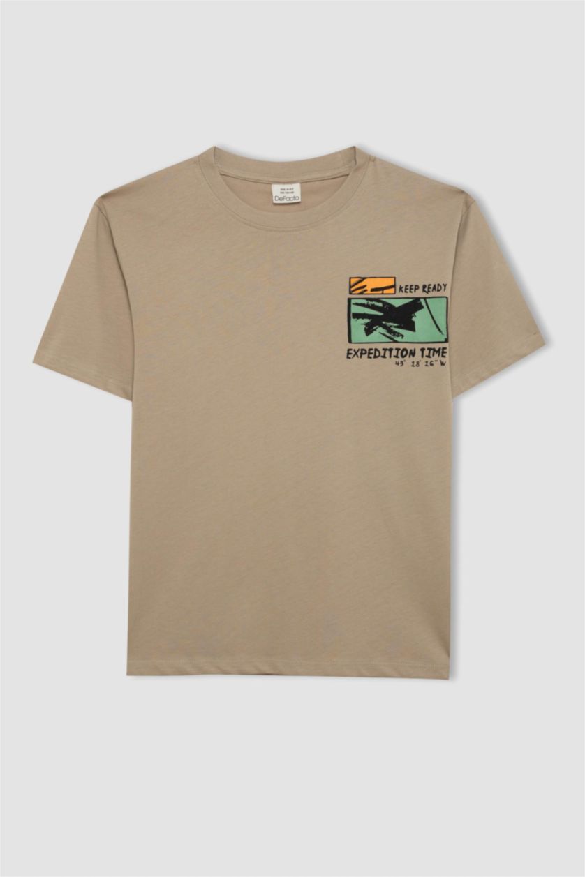 Erkek Çocuk - Genç Erkek Bej Bisiklet Yaka Baskılı Kısa Kollu Tişört Erkek Çocuk