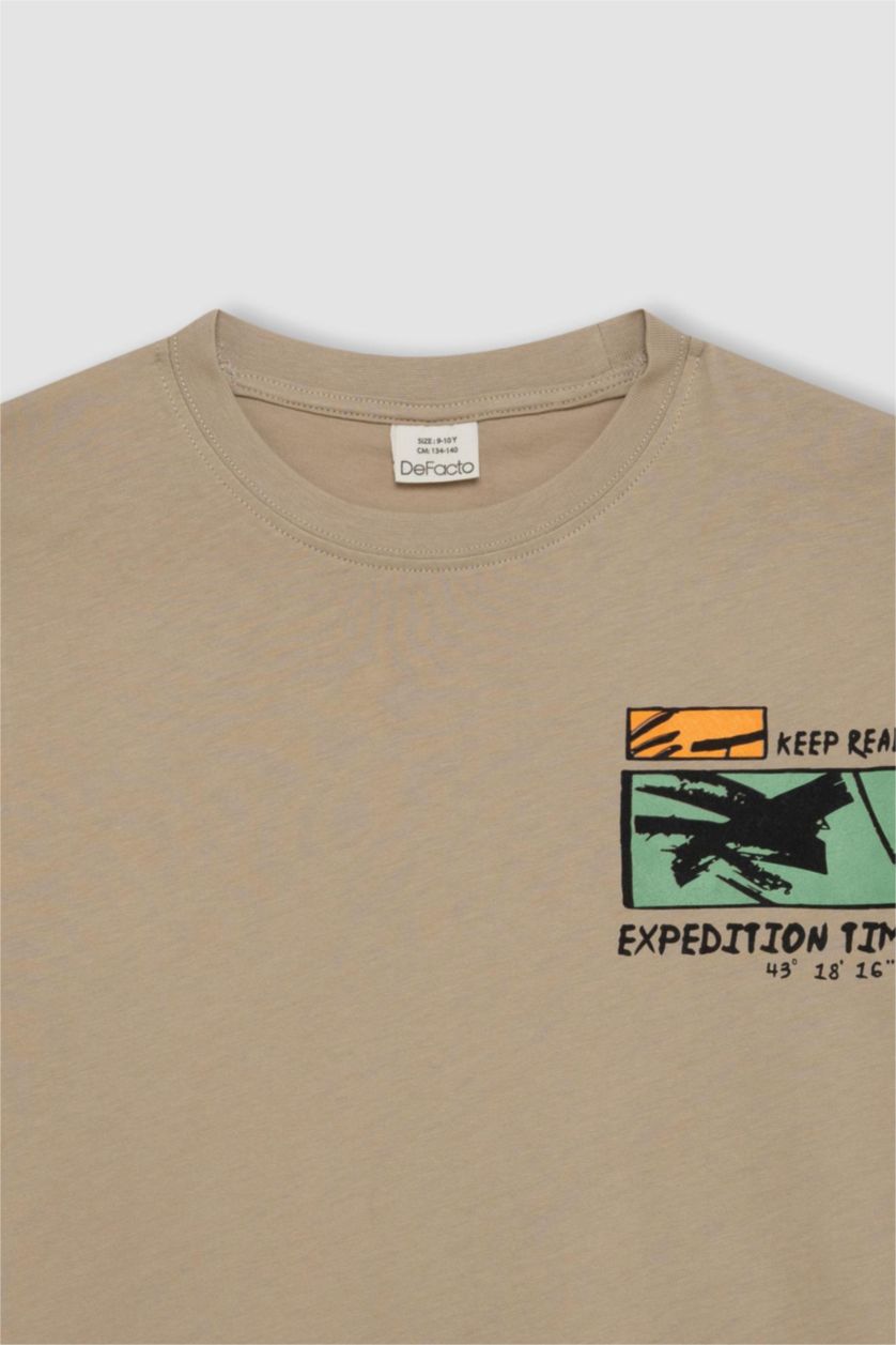 Erkek Çocuk - Genç Erkek Bej Bisiklet Yaka Baskılı Kısa Kollu Tişört Erkek Çocuk