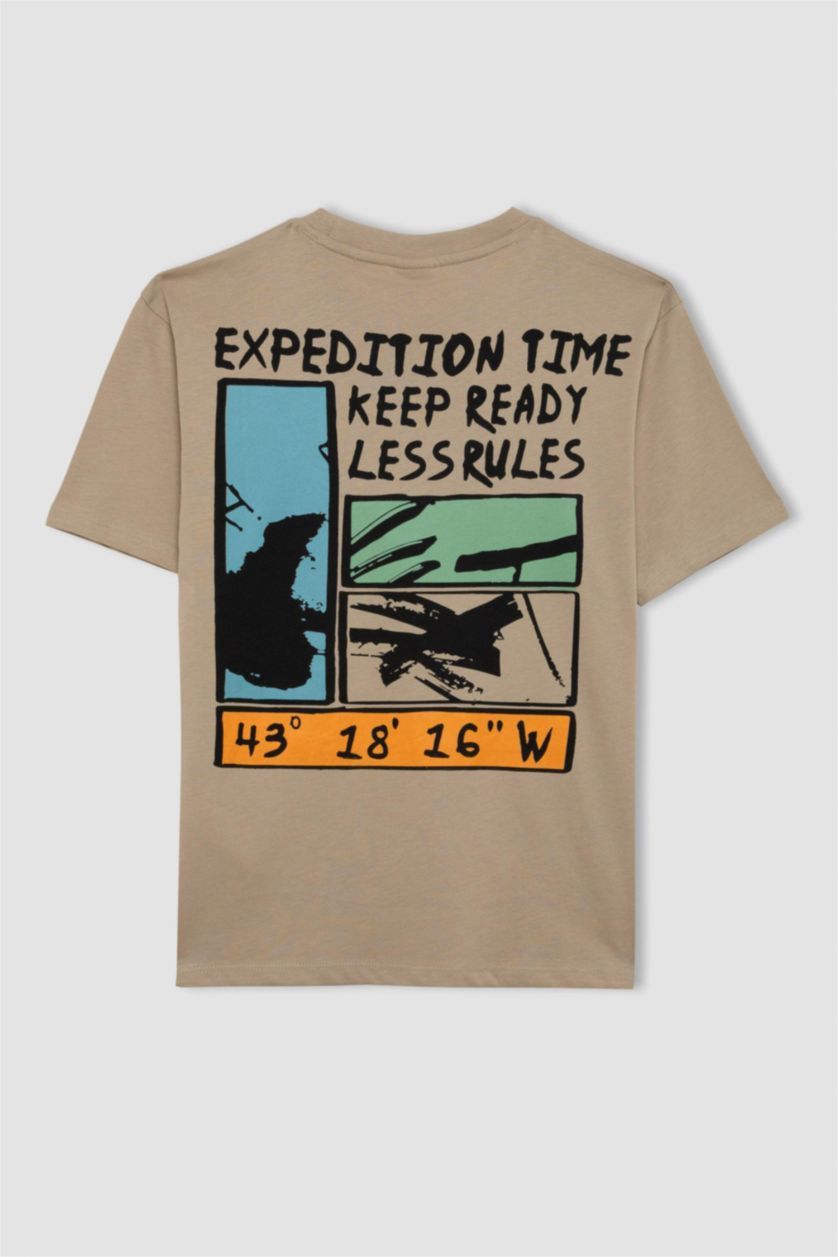 Erkek Çocuk - Genç Erkek Bej Bisiklet Yaka Baskılı Kısa Kollu Tişört Erkek Çocuk