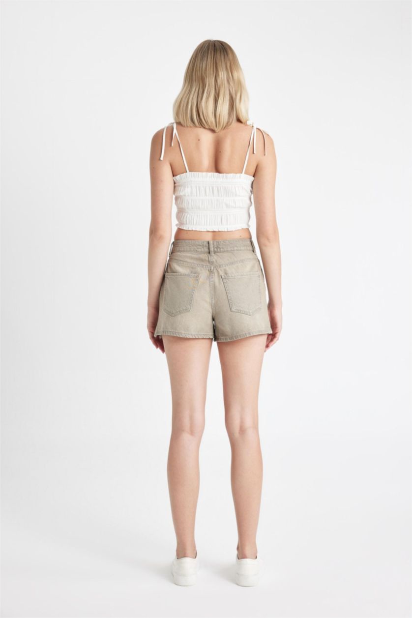 Kadın Gri Mom Fit Yüksek Bel Jean Şort