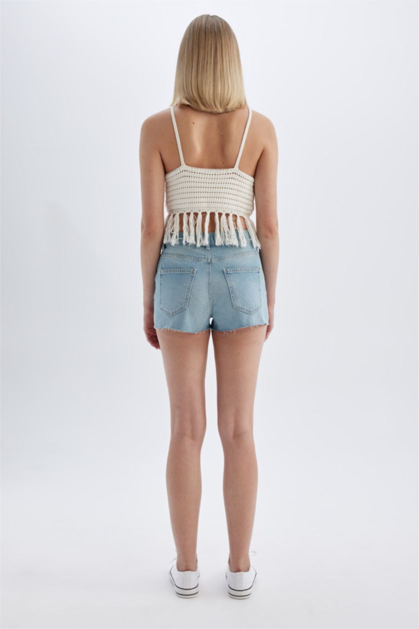 نساء نيلي فاتح شورت جينز بخصر عالي