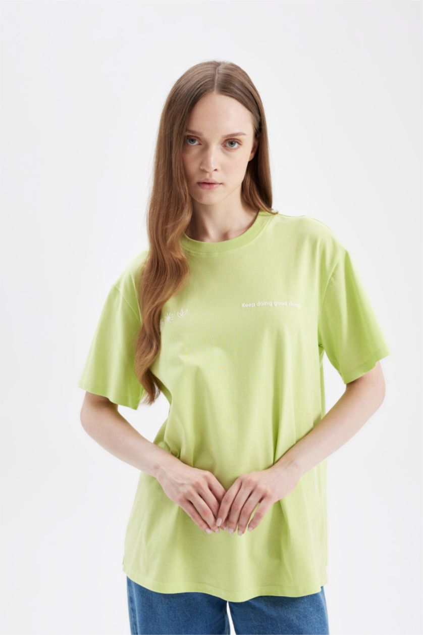 WOMAN Light Green Regular Fit Crew Neck Printed Short Sleeve Tunic