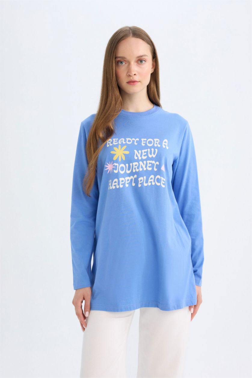 WOMAN Blue Regular Fit Cotton Long Sleeve Tunic