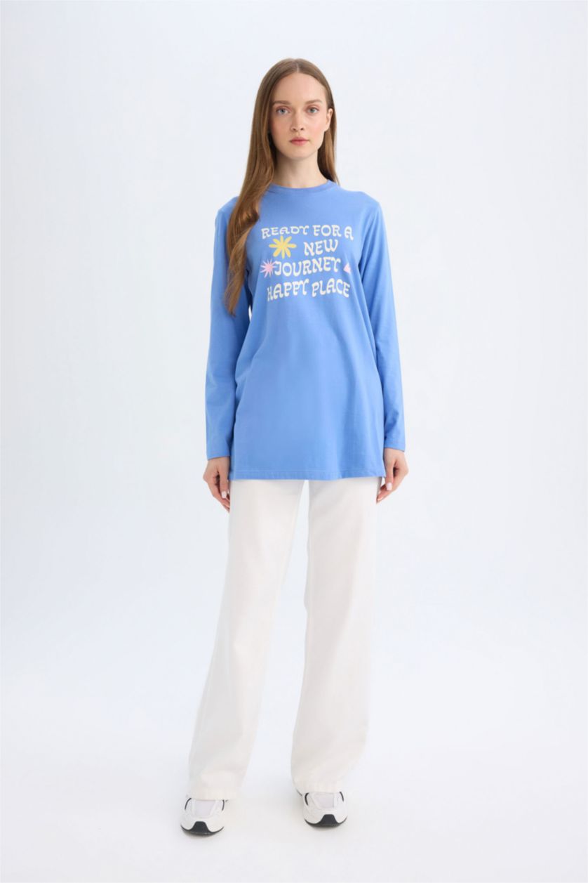 WOMAN Blue Regular Fit Cotton Long Sleeve Tunic