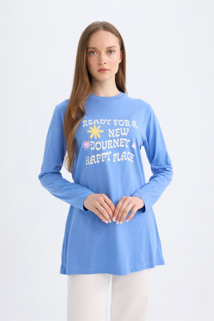 WOMAN Blue Regular Fit Cotton Long Sleeve Tunic