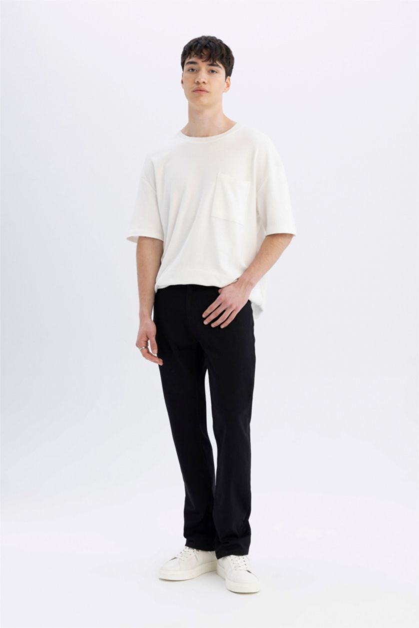 HOMME Noir Pantalon Jean Droit Taille Haute à Coupe Confortable et Jambes Larges