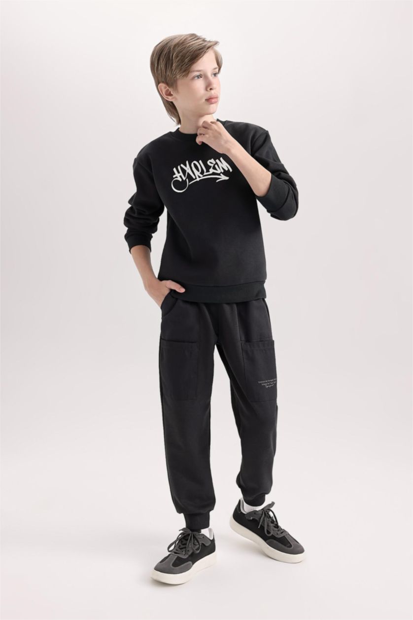 BOYS & TEENS Dark Anthracite Boy Printed Thick Sweatpants