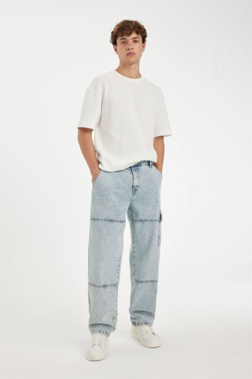Man Light Blue Wide Leg Normal Waist Jeans