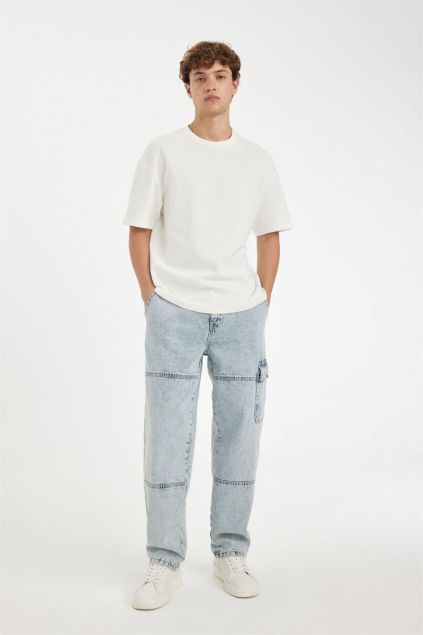 Man Light Blue Wide Leg Normal Waist Jeans