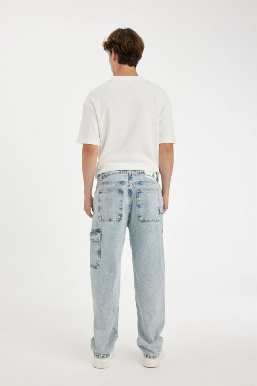 Man Light Blue Wide Leg Normal Waist Jeans