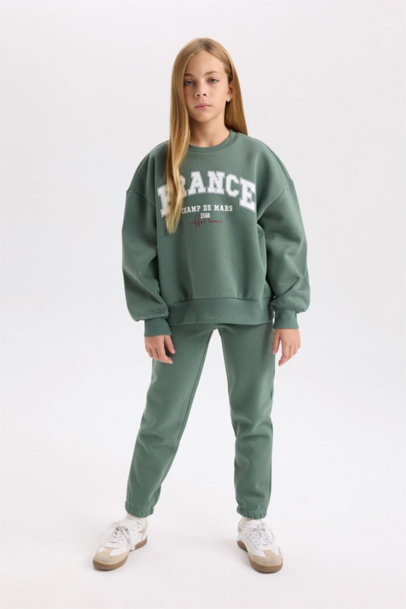 بنات أخضر سيت بناتي سويت شيرت وبنطلون بجامة رياضي - قطعتين