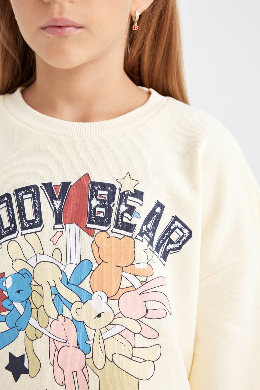 Kız Çocuk - Genç Kız Açık Sarı Kız Çocuk 2'li Takım Baskılı Sweatshirt Beli Lastikli Eşofman Altı