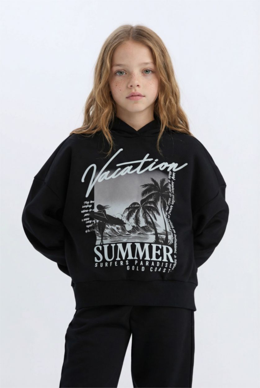 Kız Çocuk - Genç Kız Siyah Kız Çocuk 2'li Takım Kapüşonlu Baskılı Sweatshirt Beli Lastikli Jogger Alt