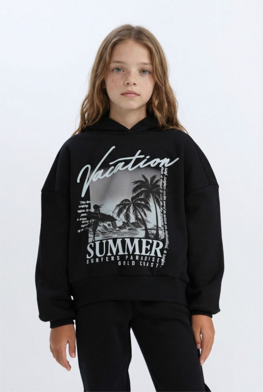 Kız Çocuk - Genç Kız Siyah Kız Çocuk 2'li Takım Kapüşonlu Baskılı Sweatshirt Beli Lastikli Jogger Alt