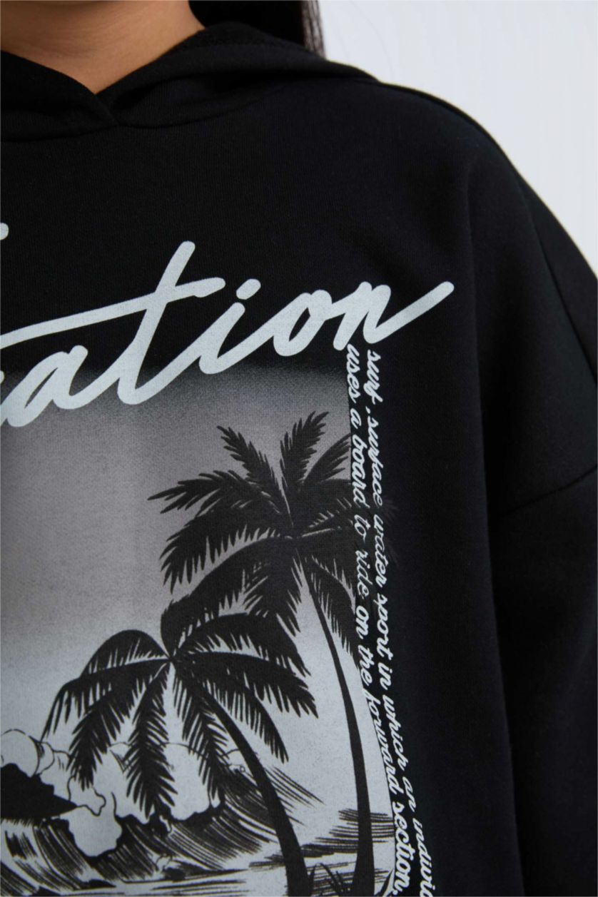 Kız Çocuk - Genç Kız Siyah Kız Çocuk 2'li Takım Kapüşonlu Baskılı Sweatshirt Beli Lastikli Jogger Alt