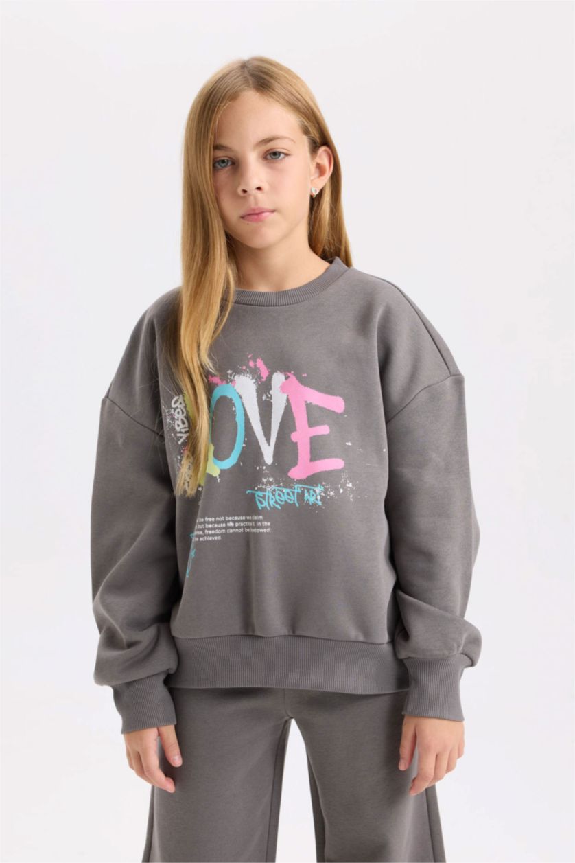 Kız Çocuk - Genç Kız Koyu Gri Kız Çocuk 2'li Takım Baskılı Sweatshirt Beli Lastikli Eşofman Altı