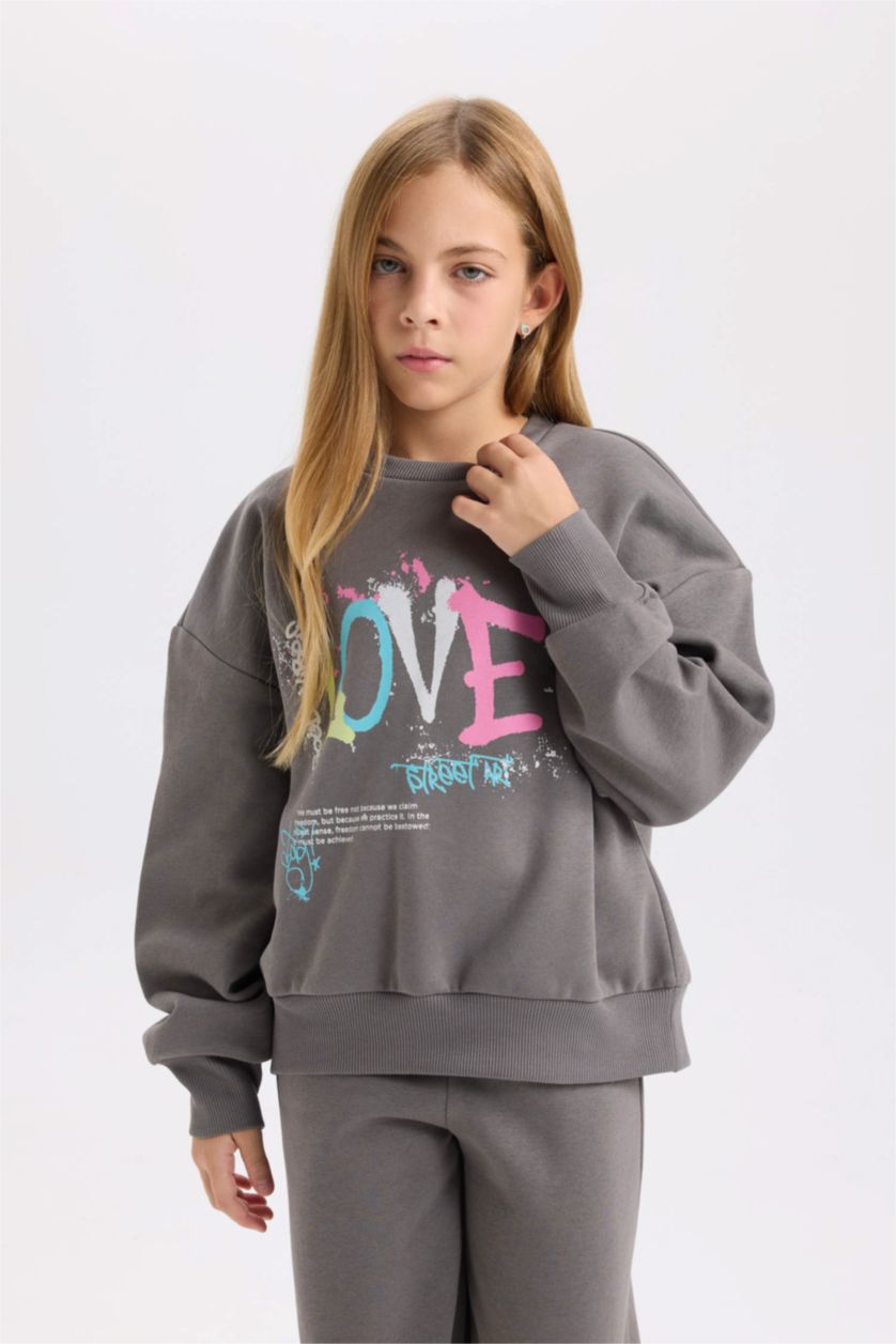 Kız Çocuk - Genç Kız Koyu Gri Kız Çocuk 2'li Takım Baskılı Sweatshirt Beli Lastikli Eşofman Altı