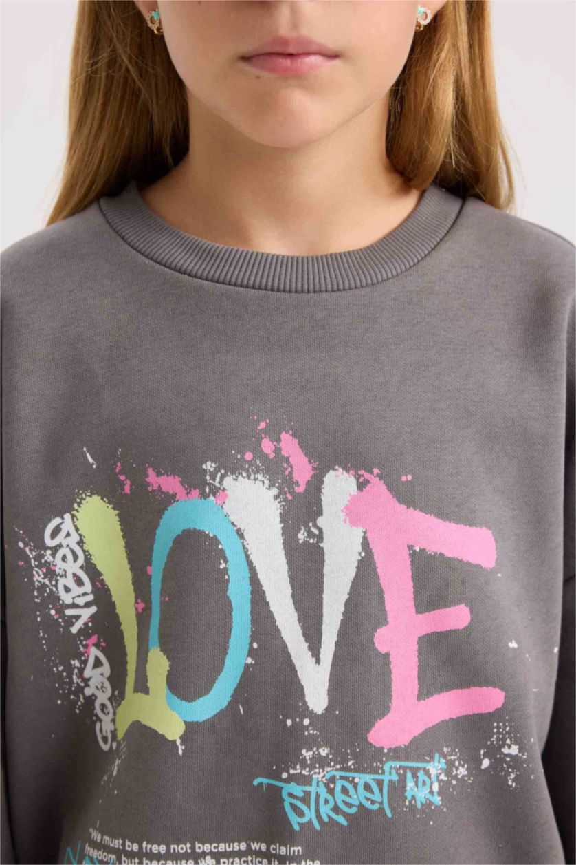 Kız Çocuk - Genç Kız Koyu Gri Kız Çocuk 2'li Takım Baskılı Sweatshirt Beli Lastikli Eşofman Altı