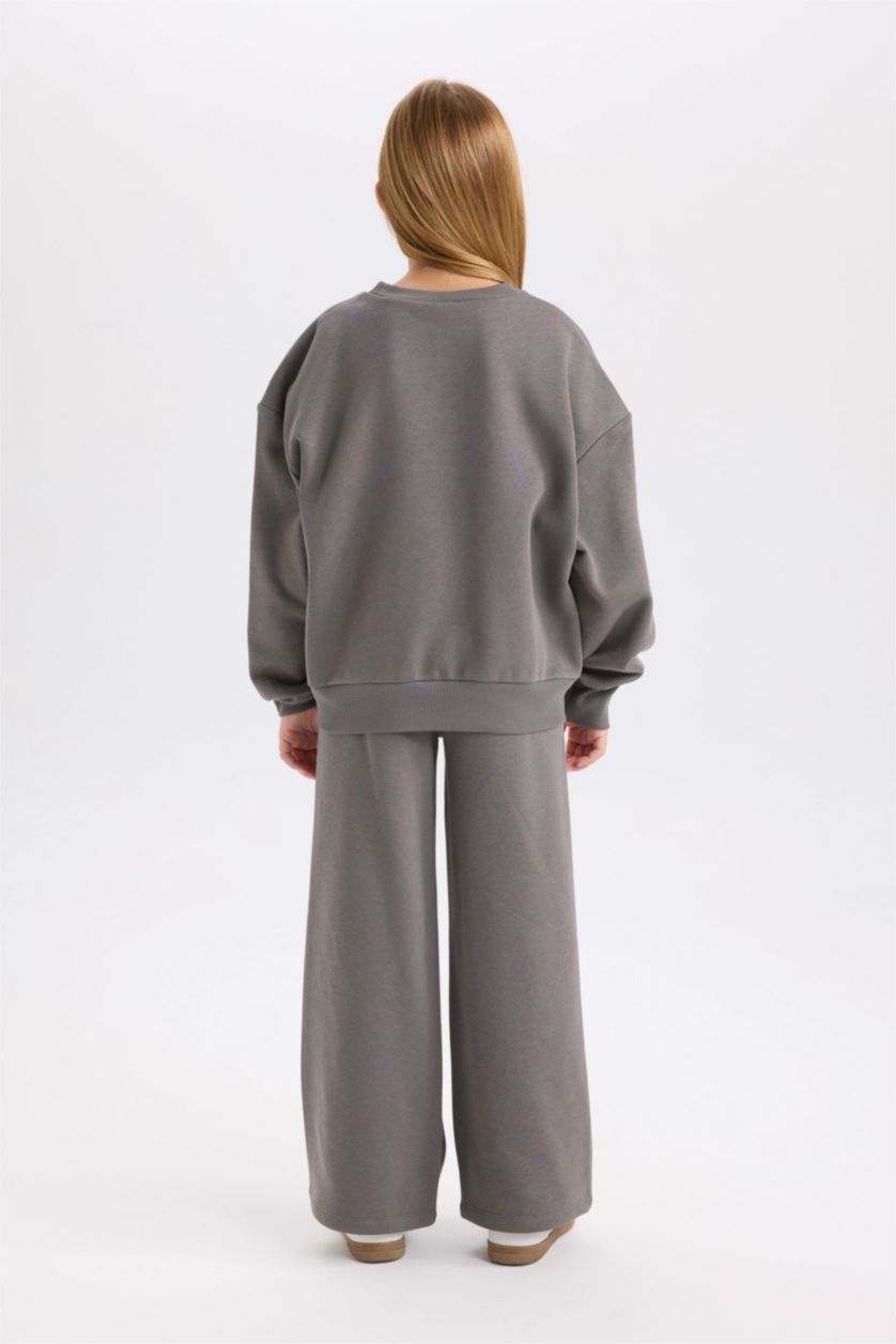 Kız Çocuk - Genç Kız Koyu Gri Kız Çocuk 2'li Takım Baskılı Sweatshirt Beli Lastikli Eşofman Altı