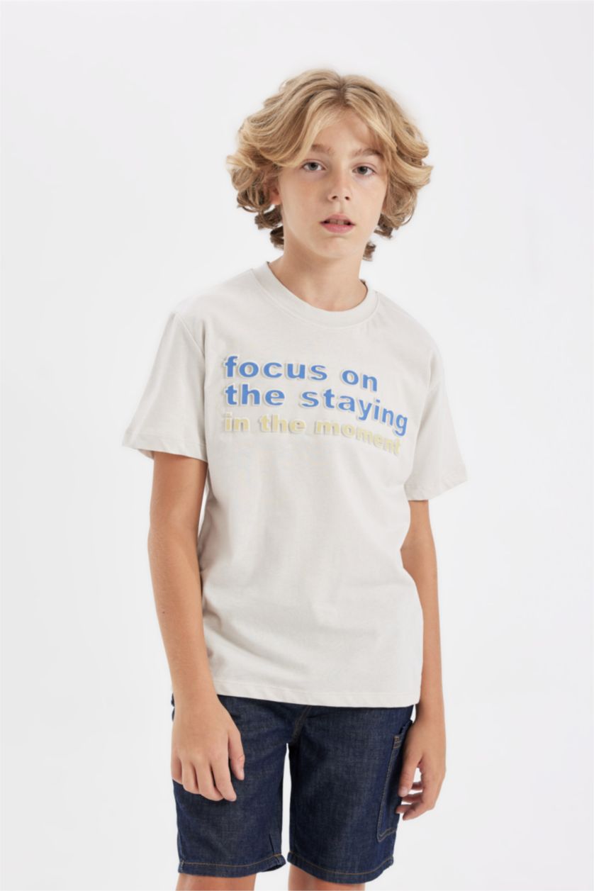 Erkek Çocuk - Genç Erkek Açık Gri Bisiklet Yaka Baskılı Kısa Kollu Tişört Erkek Çocuk